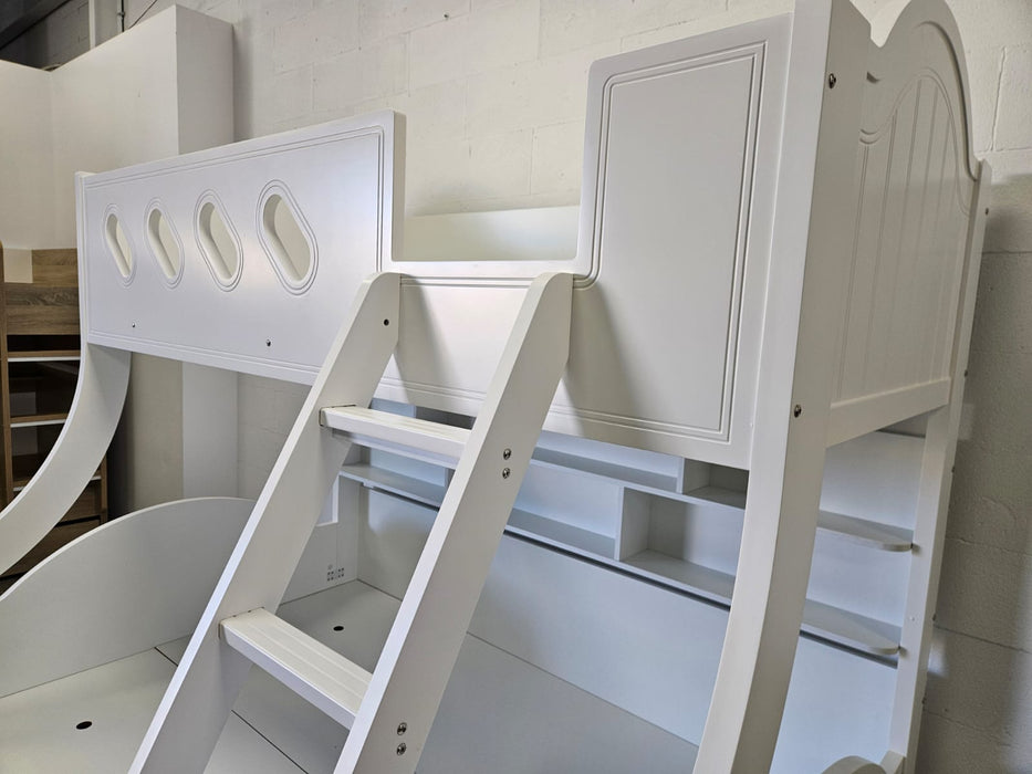 White Single Over Double Bunk Bed with Trundle & Shelves