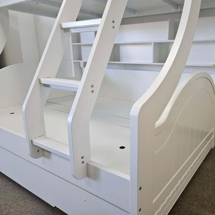 White Single Over Double Bunk Bed with Trundle & Shelves