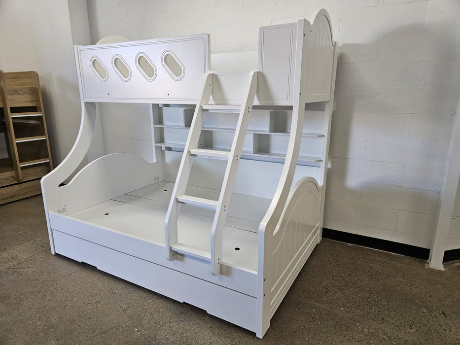 White Single Over Double Bunk Bed with Trundle & Shelves