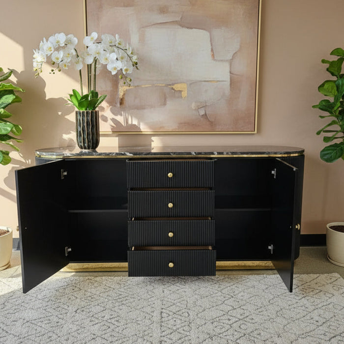 Luxury Black Fluted Buffet Cabinet with Gold Accents. 150cm