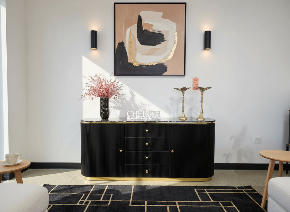 Black Amarelle 1.8m 4 Drawer 2 Door Marble Buffet