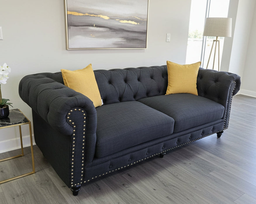 Chesterfield 2 Seater Black Fabric Sofa-180cm