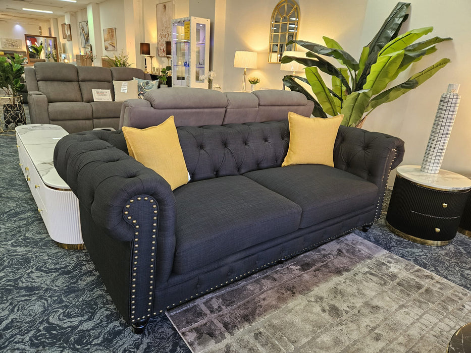 Chesterfield 3 Seater Black Fabric Sofa- 210cm