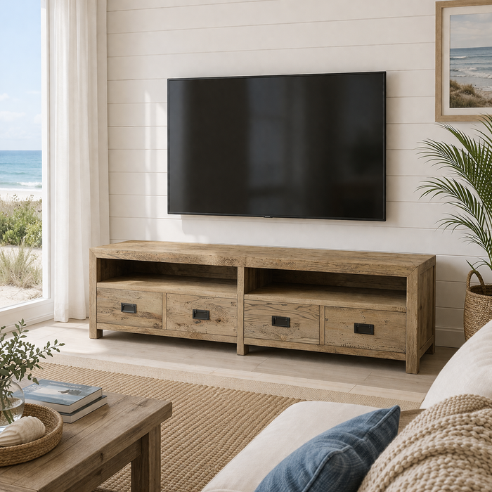 Rutheford Oak Wood 3 Drawer TV Unit, 220cm
