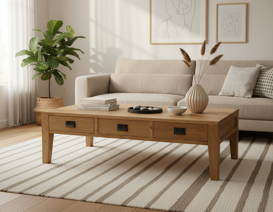 Oak 3 Drawer Solid Timber Coffee Table