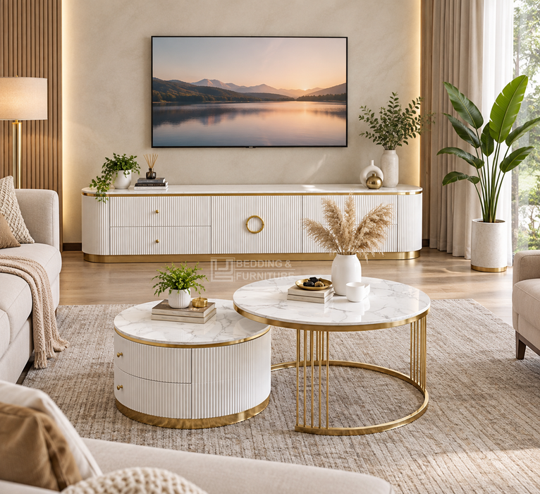 Amara Modern White Marble Tv Stand, 200cm