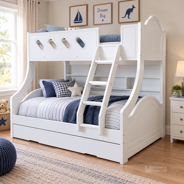 Charlotte White Single Over Double Wooden Bunk Bed with Trundle & Shelving