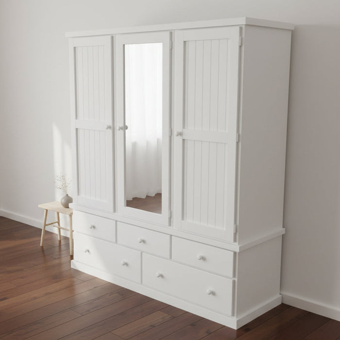 Large 3 Door Timber Robe White 182cm