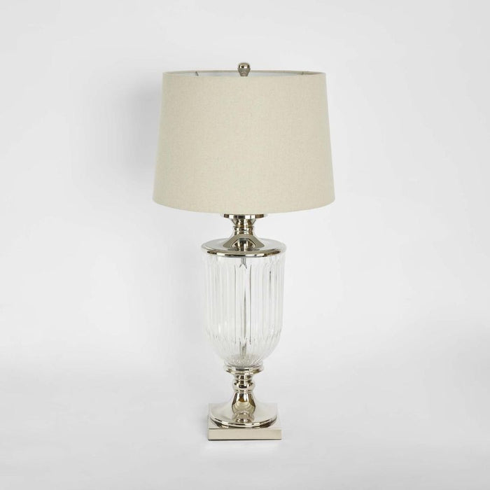 Bellevue Glass Nickel Lamp With Natural Linen Shade
