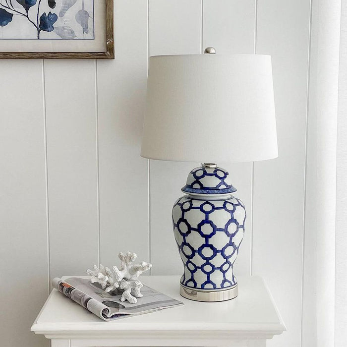 Lucca Small Blue & White Jar Shaped Lamp W/ Shade