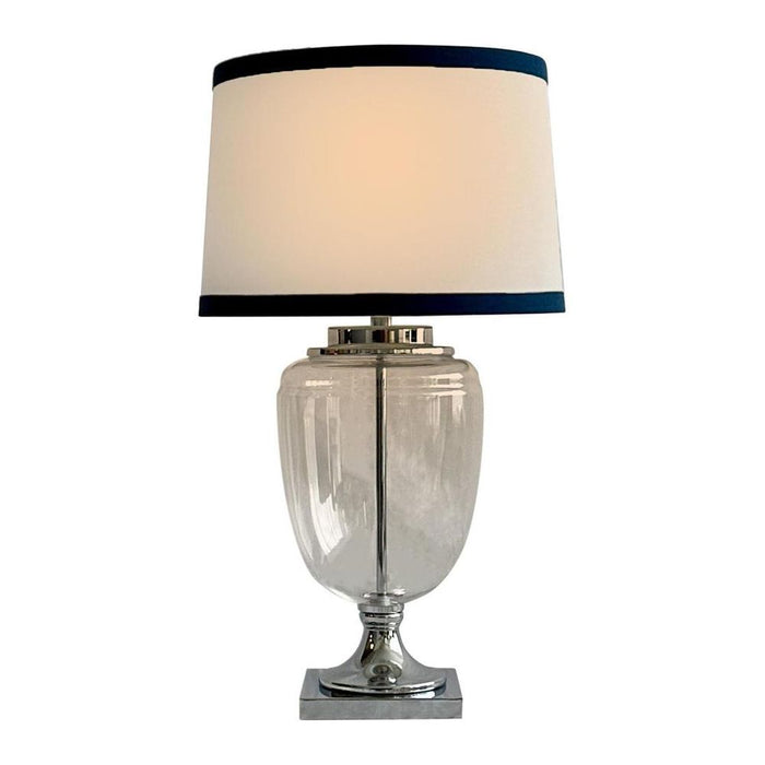 Charlotte Glass and Nickel Lamp with White Linen Shade (Navy Trim)