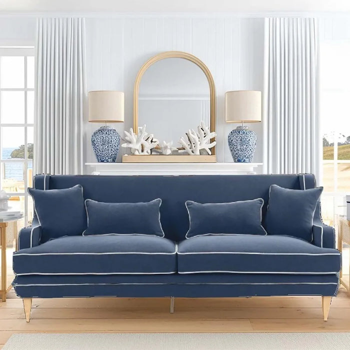 3 Seater Navy Bondi Hamptons Sofa with White Piping
