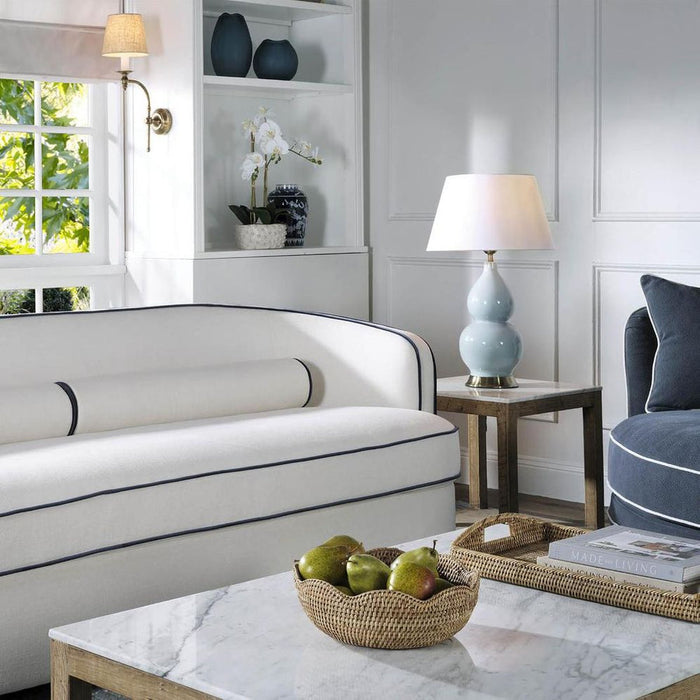 Bridie Hamptons 3 Seater Sofa Lounge Ivory with Blue Piping