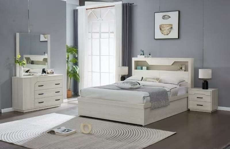 Chicago King Single Bed, Cream White Wash
