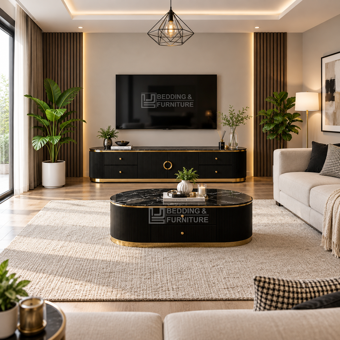 Amarelle Modern Black Marble TV Unit, 200cm