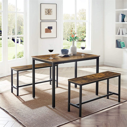 Valona Dining Table Set with 2 Benches Rustic Brown and Black
