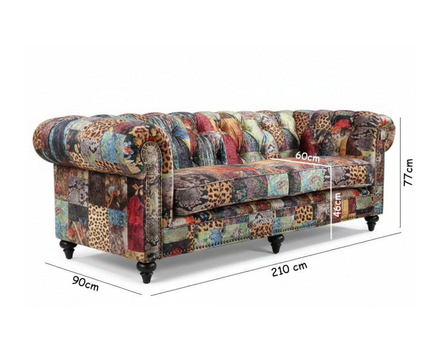 Chesterfield 3 Seater Velvet Patchwork Fabric Sofa - 210cm