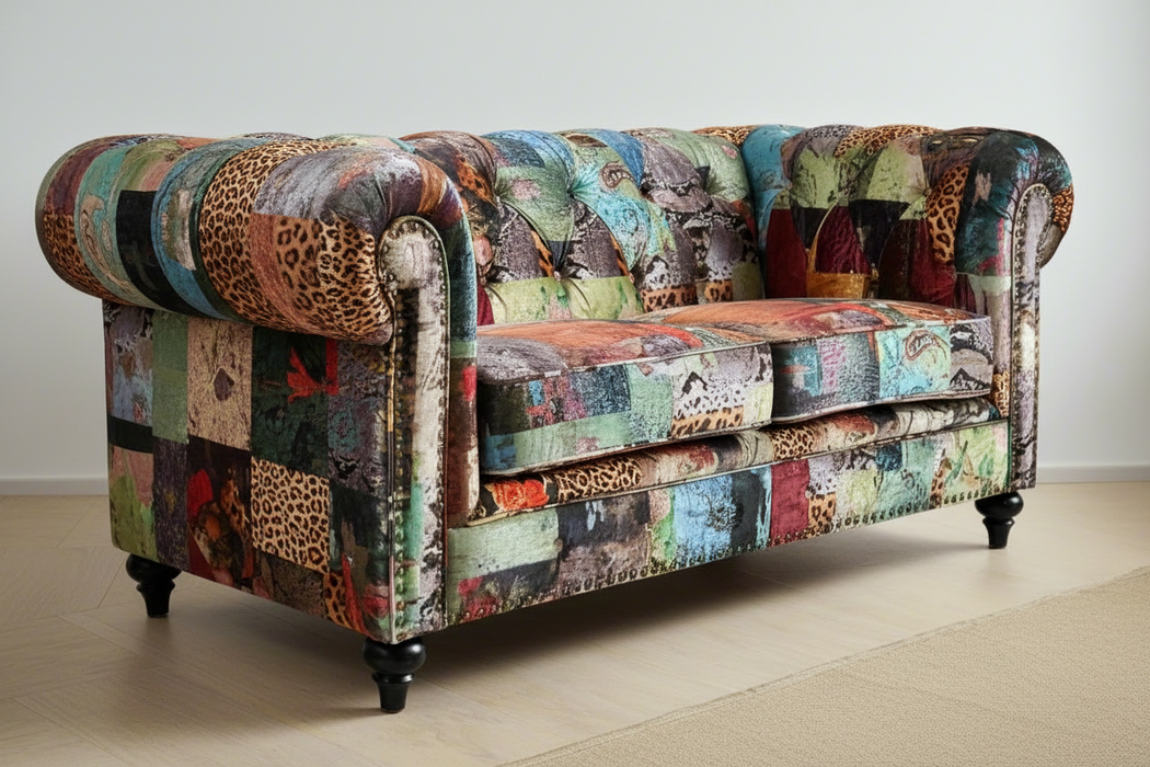 Chesterfield 2 Seater Velvet Patchwork Fabric Sofa - 180cm