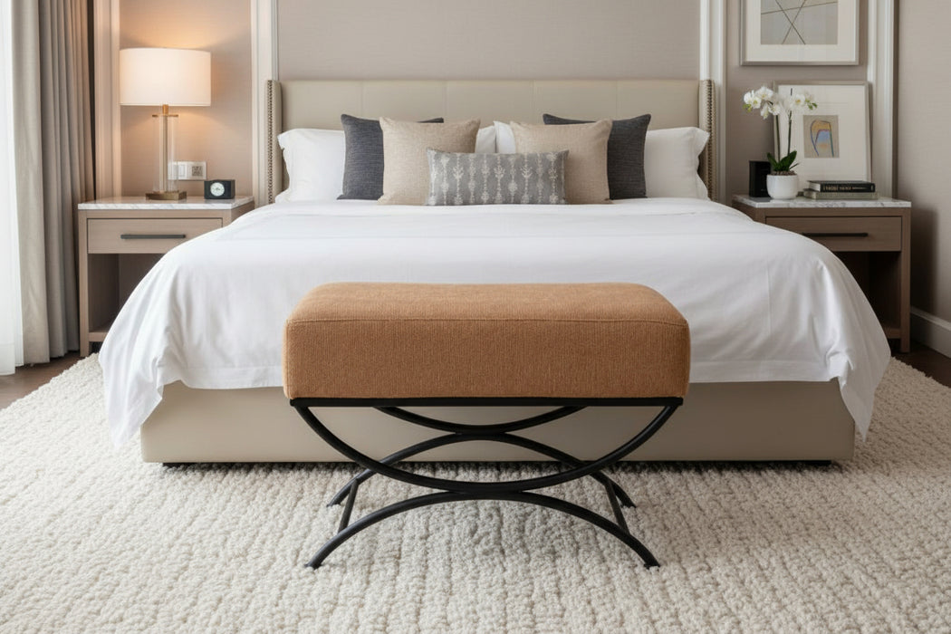 Sirerra Upholstered Stool with Black Metal Cross Frame