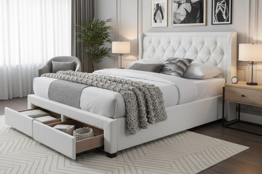 Jackson king Bed with 4 Drawers in Boucle Fabric