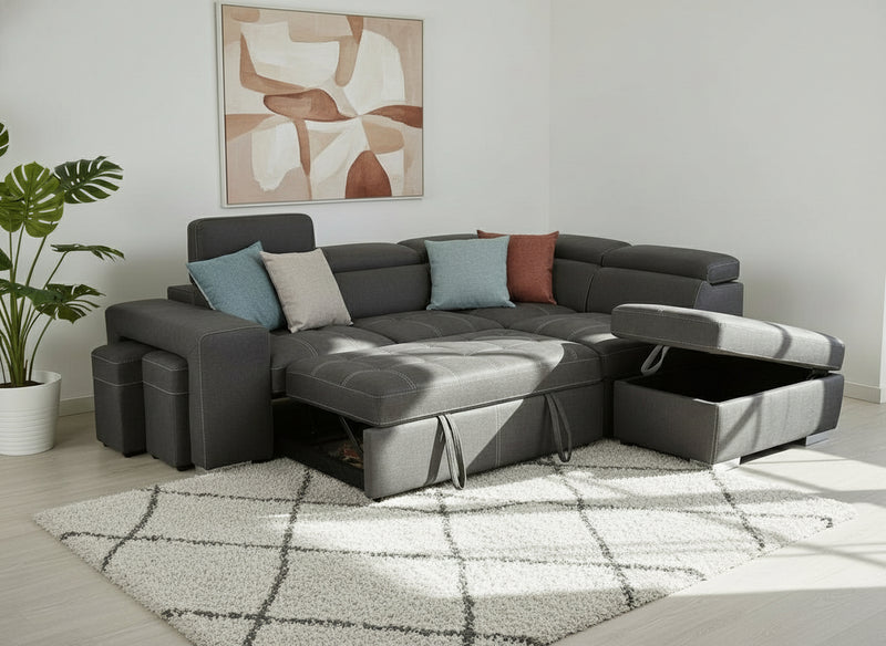 Portland 5 Seater Leather-Look Fabric Sofa Bed with Storage, Charcoal