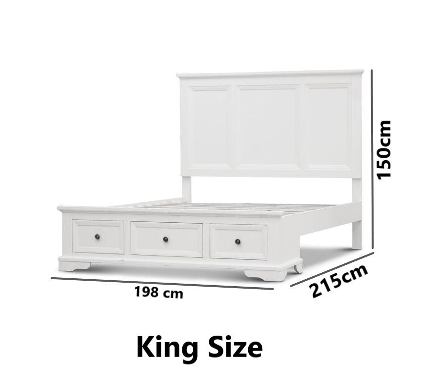 Hampton Bed with 3 Drawer Storage, White