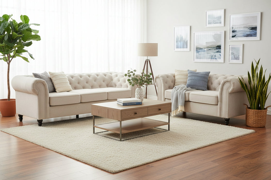 Chesterfield 3 + 2 Seater Lounge in fabric Beige