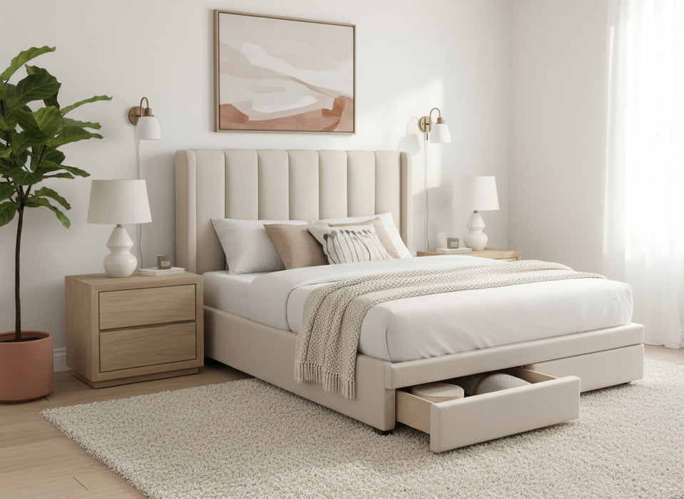 Perusa Queen Bed Frame with Storage Drawers, Beige