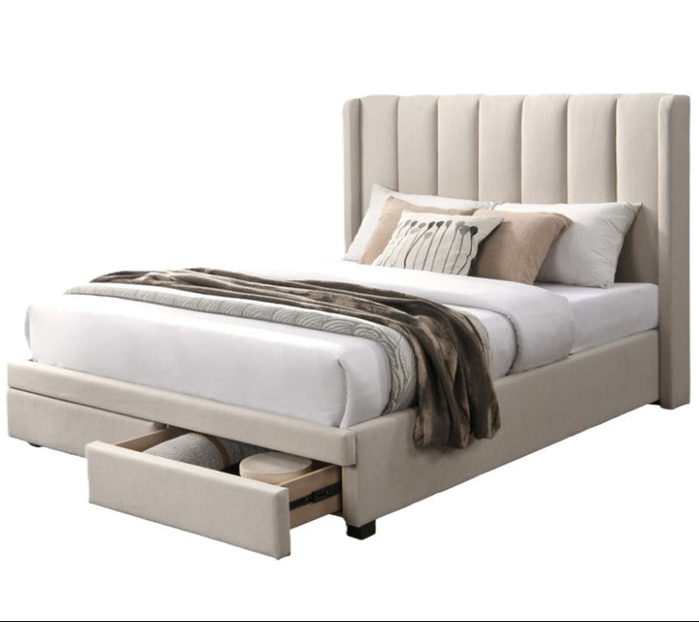 Paris Fabric King Bed Frame with Storage Drawers- Beige