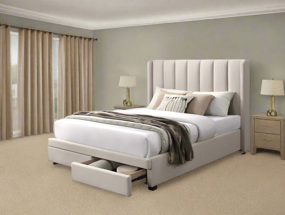 Beige Paris King Bed Frame with Storage Drawers