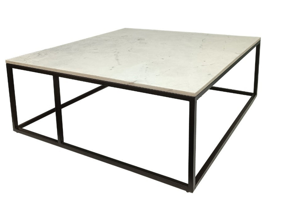 White Modern Square Coffee Table with Marble Top & Metal Legs
