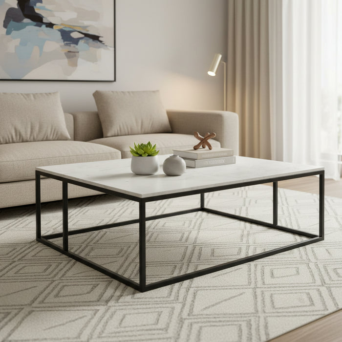 White Modern Square Coffee Table with Marble Top & Metal Legs
