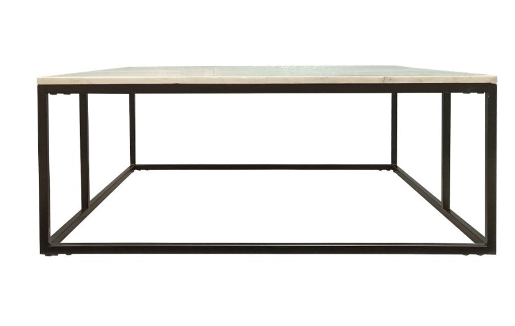 White Modern Square Coffee Table with Marble Top & Metal Legs