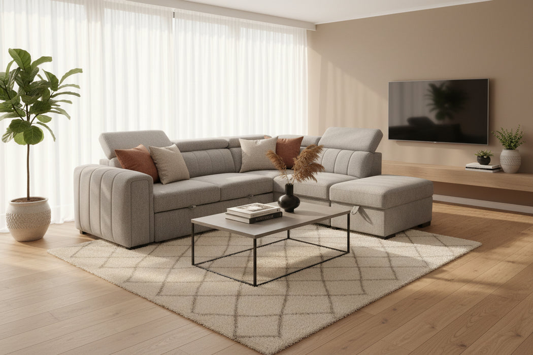 Adel 3 Seater Chaise Sofa Bed with Ottoman Grey Fabric – Modern Lounge | Australia