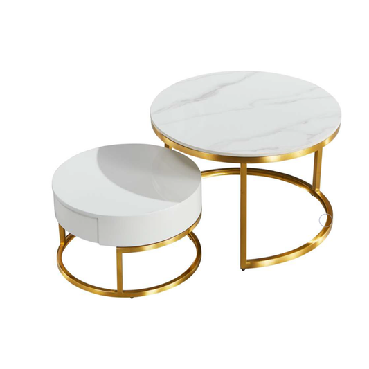 Avalon 2 Piece Sintered Stone Round Coffee Table Set White  / Gold