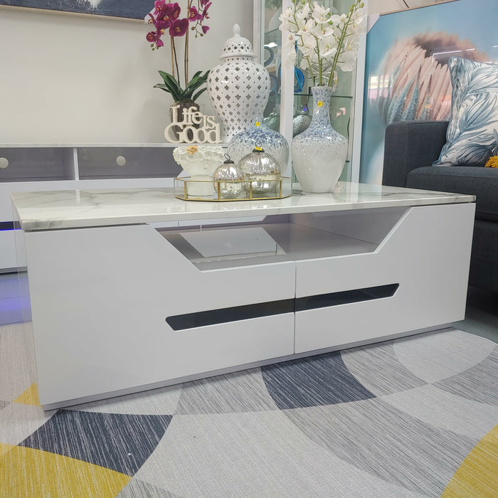 Wallis Modern Marble Top Coffee Table with 4 Drawers White | FULLY ASSEMBLED