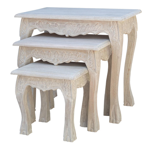 Grey Wash Carved Solid Timber Nest of Tables